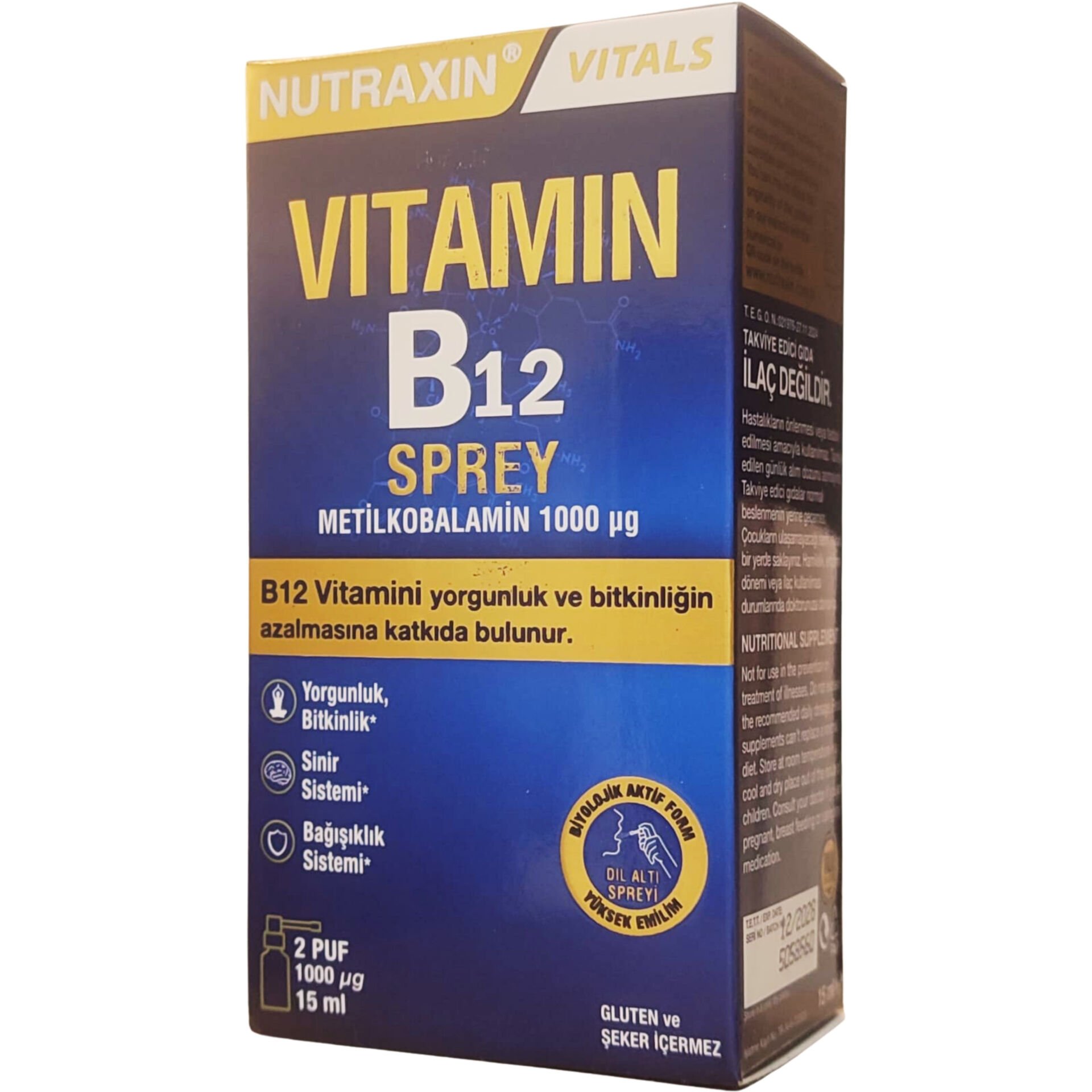Nutraxin Vitals Vitamin B12 Metilkobalamin 1000 µg Dil Altı Spreyi 15 ml