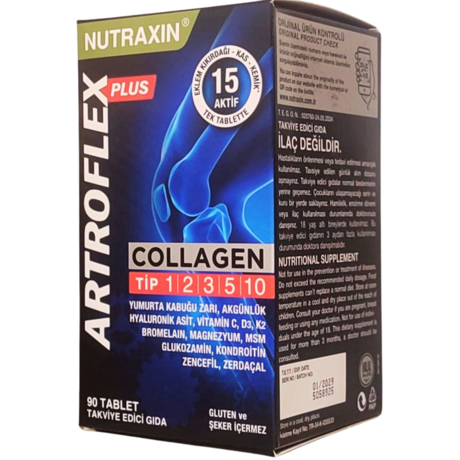 Nutraxin Artroflex Plus Collagen 90 Tablet – Tip 1, 2, 3, 5, 10 Kolajen ve 15 Aktif Bileşen