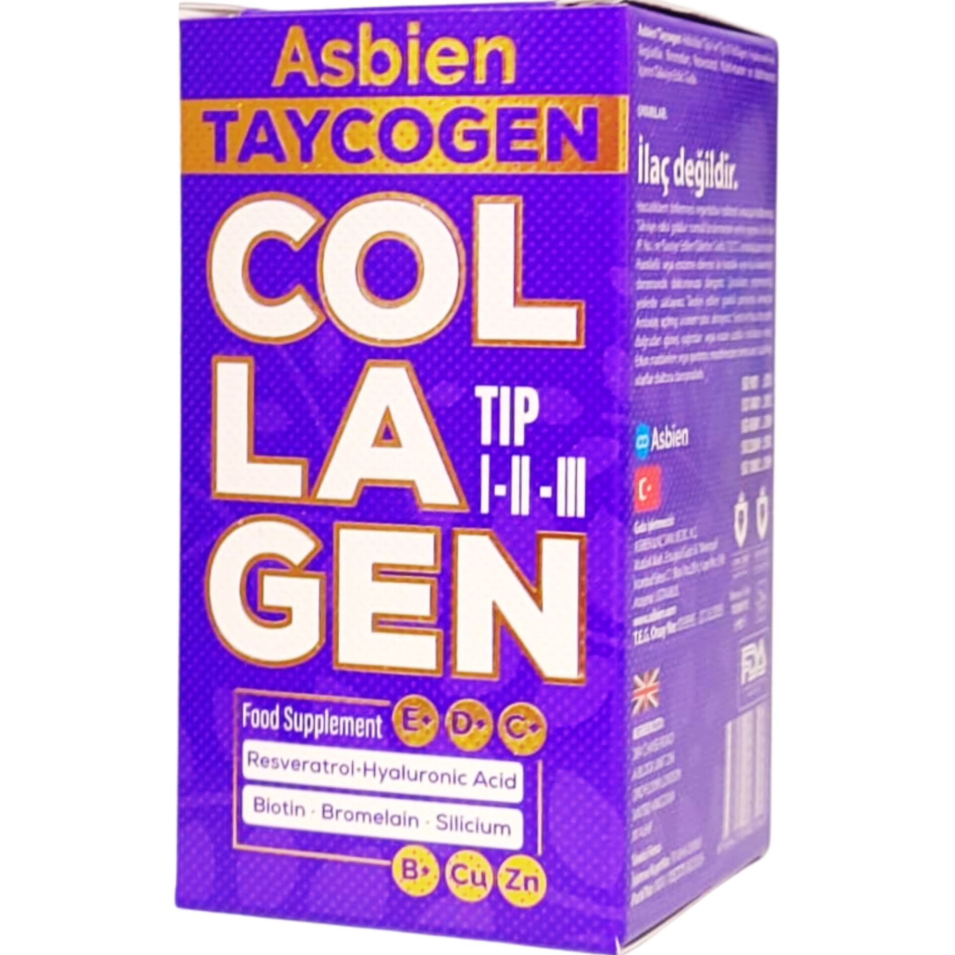 Asbien Taycogen Collagen,Resveratrol,Hyaluronic Acid ve Vitaminler İçeren Gıda Takviyesi 60 Tablet