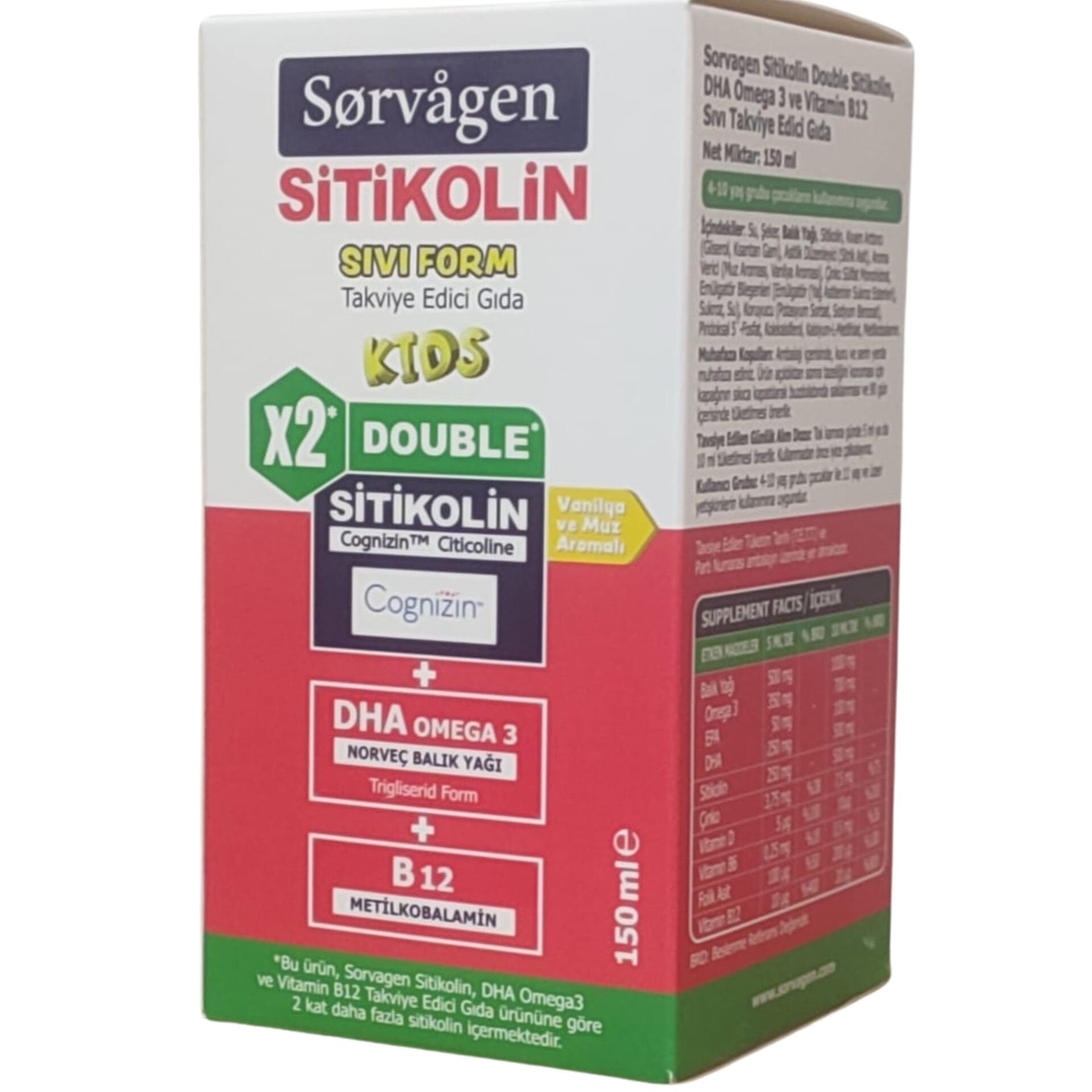 Sorvagen Double Sitikolin Sıvı Form-Sitikolin DHA Omega 3 ve B12 150 ml