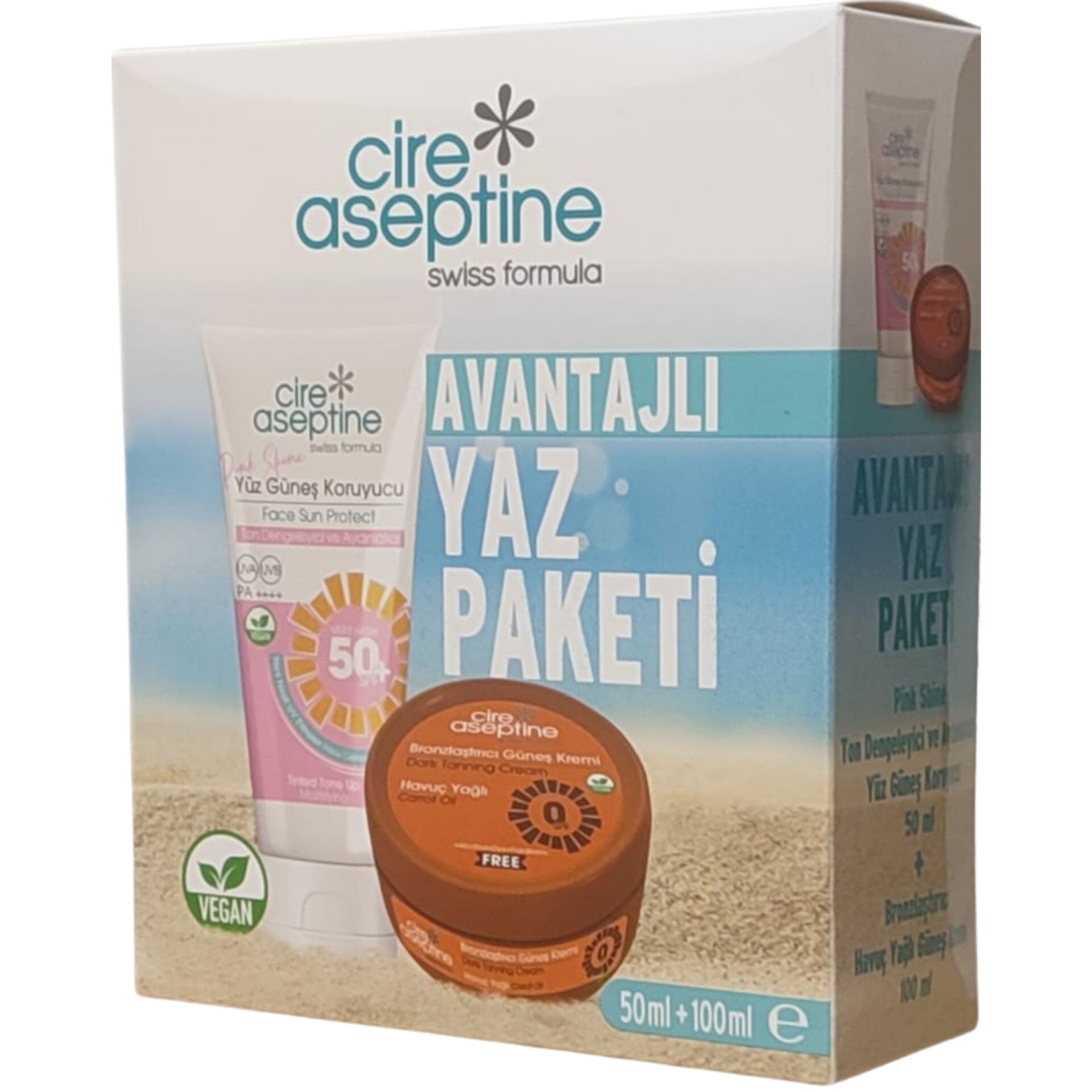 Cire Aseptine Avantajlı Yaz Paketi - Pink Shine Ton Dengeleyici ve Aydınlatıcı Yüz Güneş Koruyucu 50 ml + Bronzlaştırıcı 100 ml