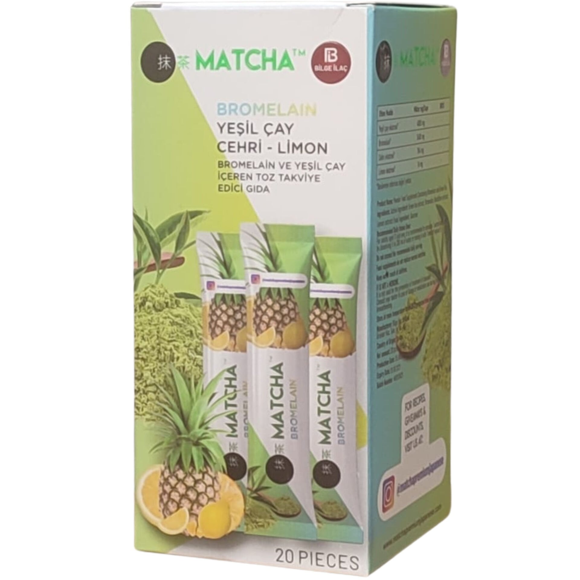 Matcha Bromelain ve Yeşil Çay İçeren Toz Takviye Edici Gıda 20 Saşe