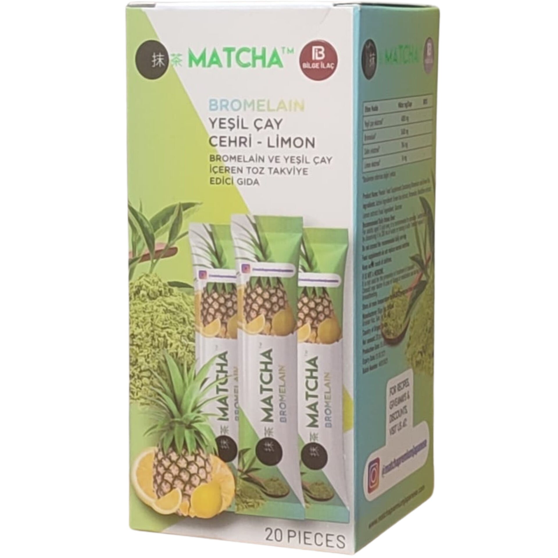 Matcha Bromelain ve Yeşil Çay İçeren Toz Takviye Edici Gıda 20 Saşe