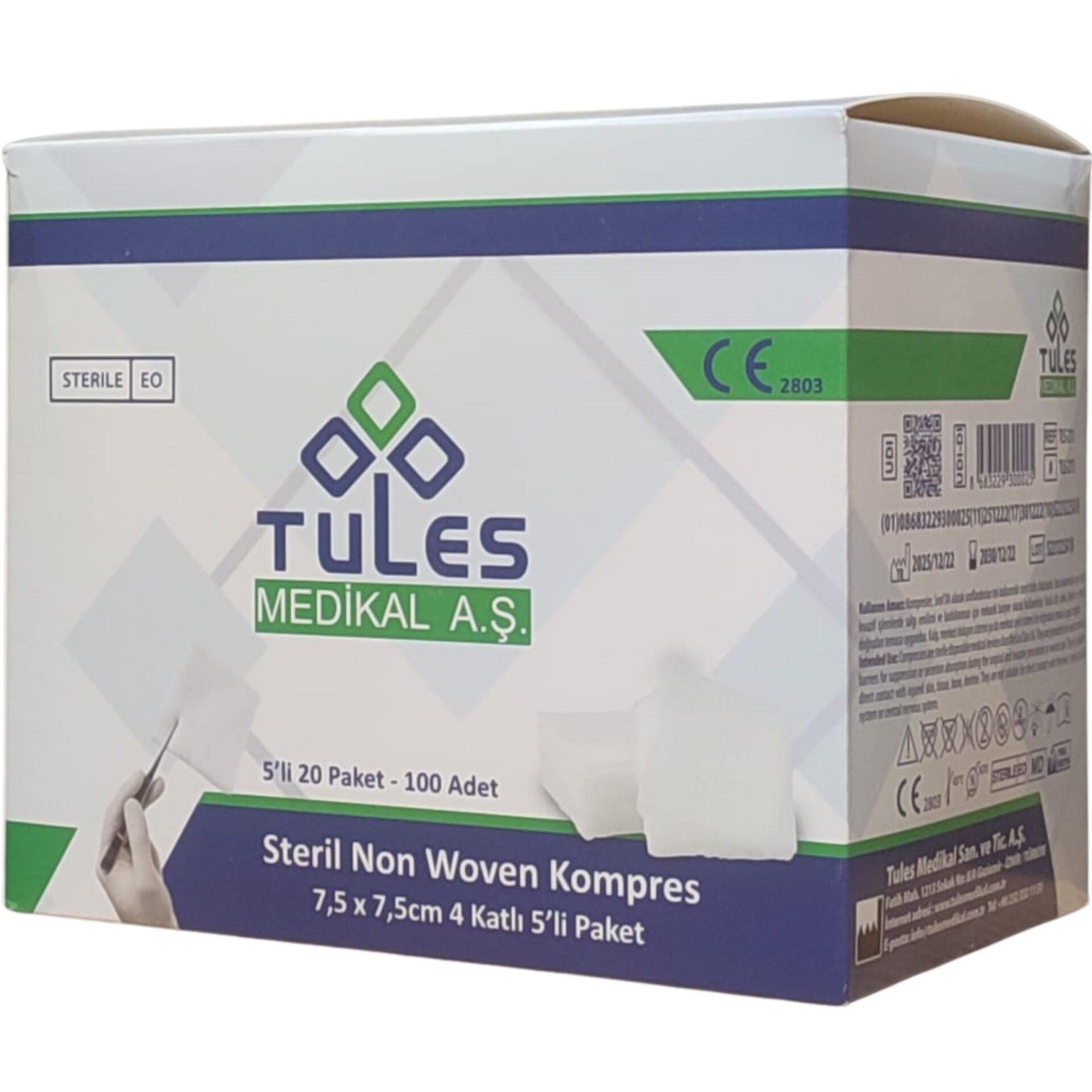 Tules Steril Spanç Non-Woven Kumaş Emici Kompres 7,5cm x 7,5cm 100 Adet