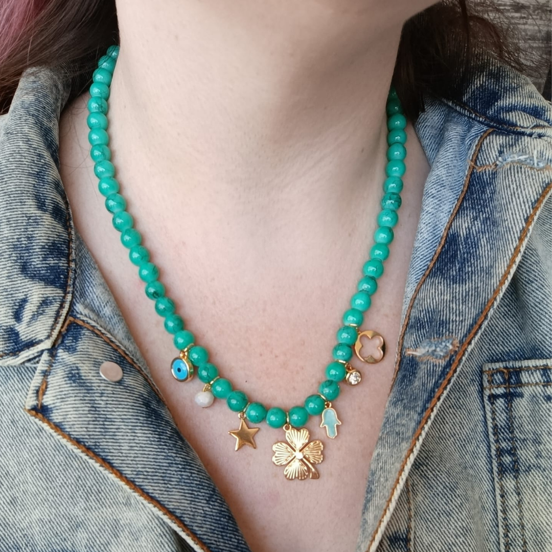 KADIN YEŞİL GOLD YONCA DETAYLI ÇELİK TASARIM KOLYE