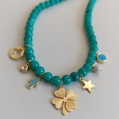 KADIN YEŞİL GOLD YONCA DETAYLI ÇELİK TASARIM KOLYE