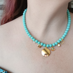 KADIN MAVİ GOLD DETAYLI ÇELİK TASARIM KOLYE