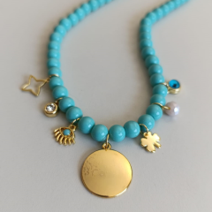 KADIN MAVİ GOLD DETAYLI ÇELİK TASARIM KOLYE