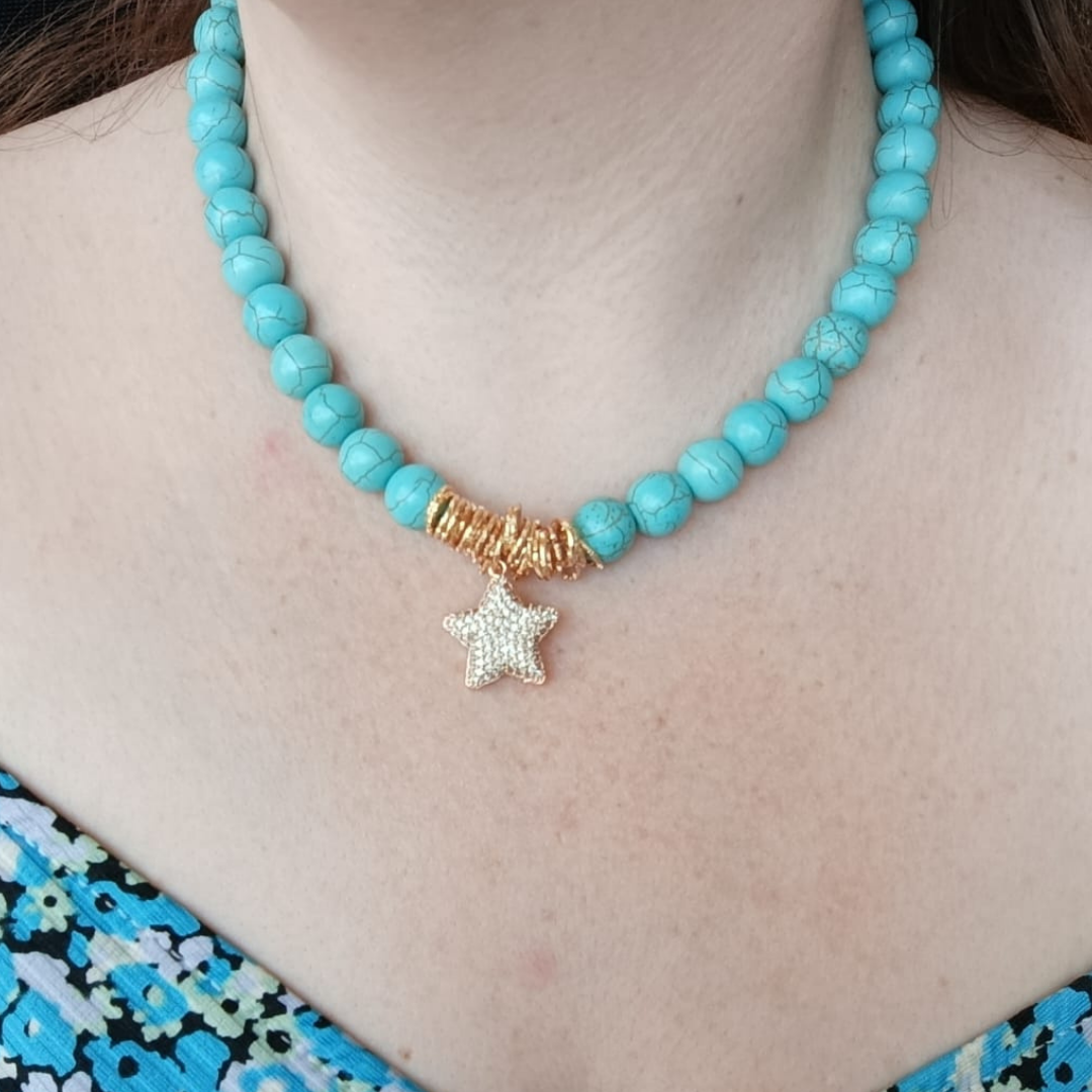 KADIN YILDIZ TAŞLI GOLD DETAYLI ÇELİK TASARIM KOLYE