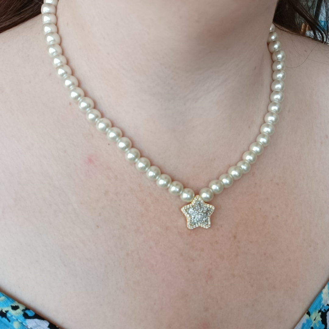 KADIN İNCİ GOLD DETAYLI YILDIZ ÇELİK TASARIM KOLYE